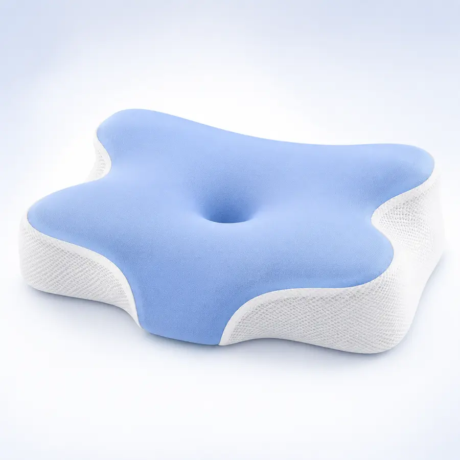 Blue and white contoured pillow